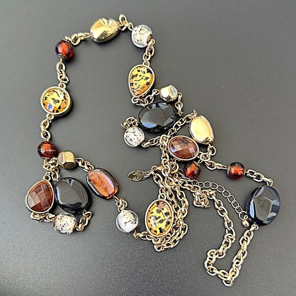Charming Charlie Long Necklace Gold Tone Animal Print Brown Glass Acrylic Beads - Picture 3 of 4